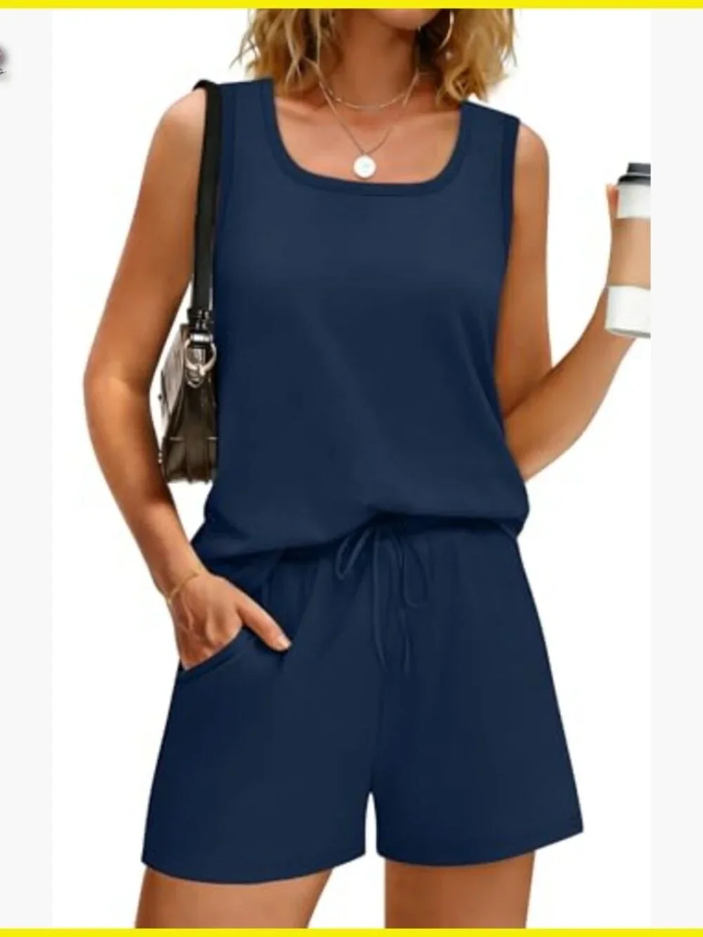 Navy Two Piece Lounge Set Sleeveless Tank Square Neck Pocket Shorts Casual